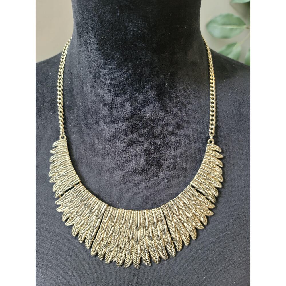 Womens Gold Tone Feather Statement Necklace Lobster Clasp Tribal Style
